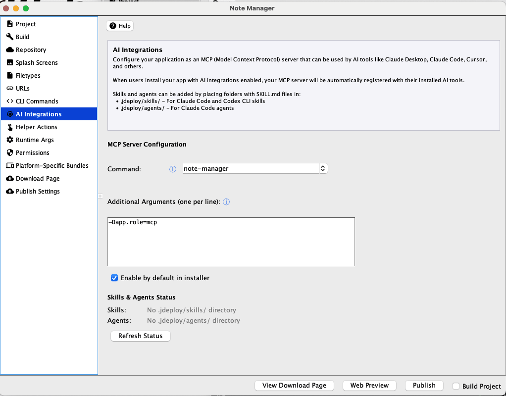 Screenshot: AI Integrations tab showing MCP server configured with the note-manager command