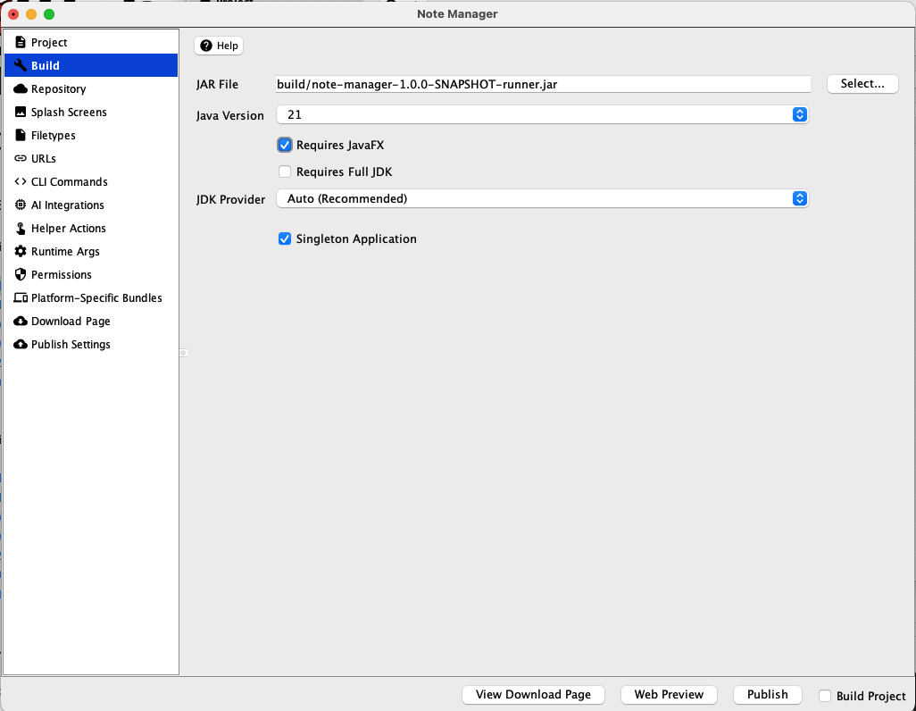 Screenshot: Build tab with "JavaFX Application" and "Singleton Application" checkboxes checked