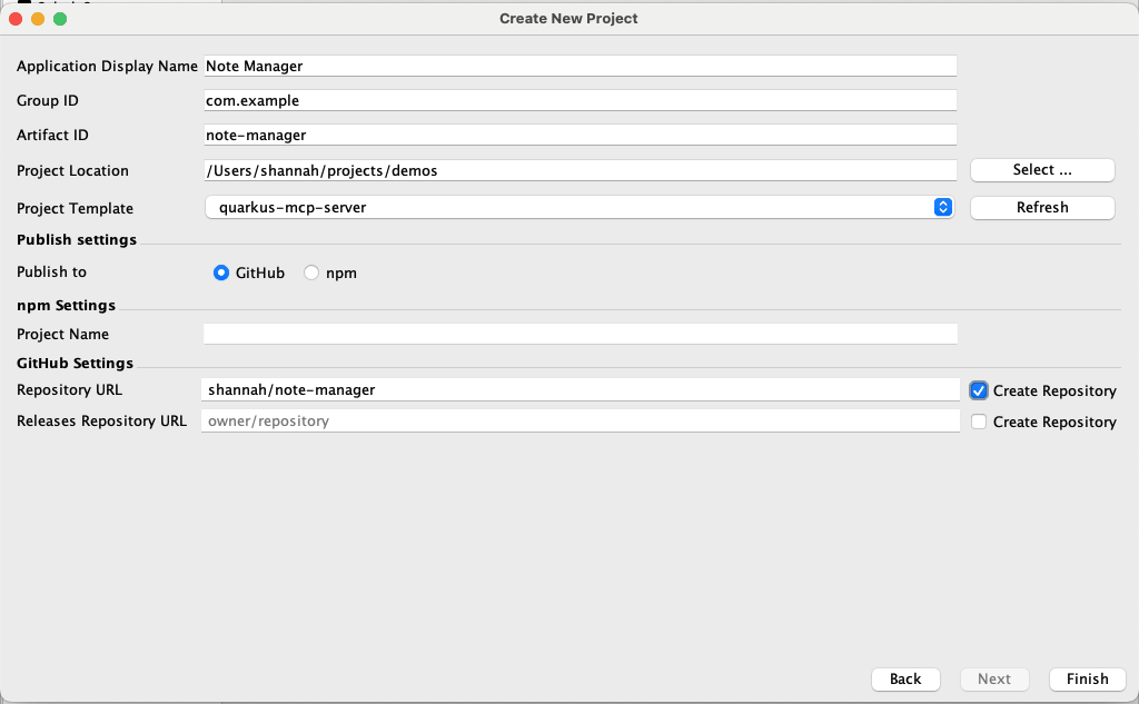 Screenshot: Project configuration dialog filled in with Note Manager details