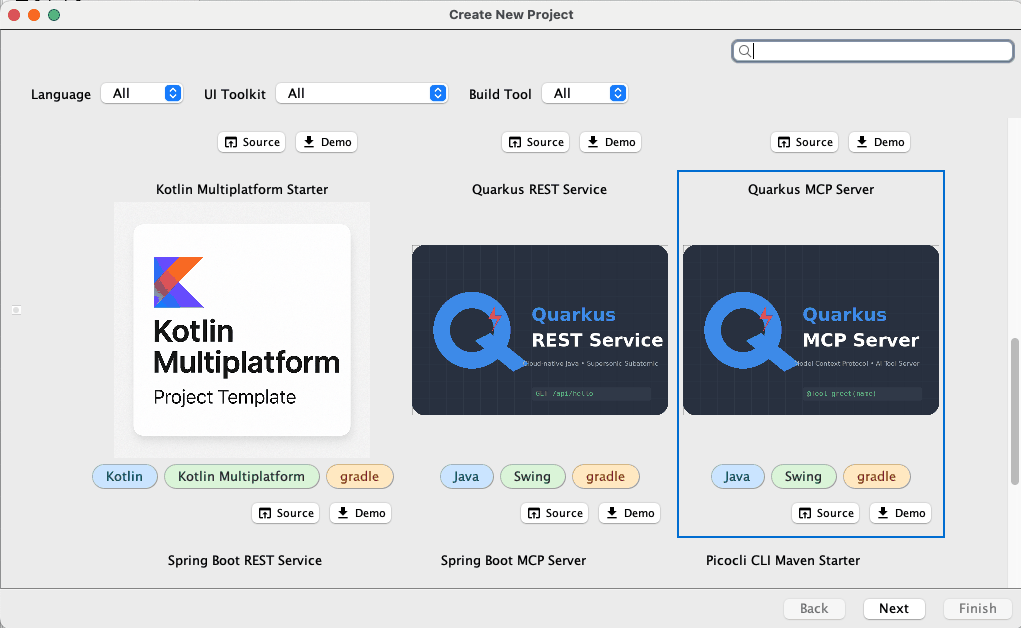 Screenshot: Template selection dialog with "Quarkus MCP Server" highlighted