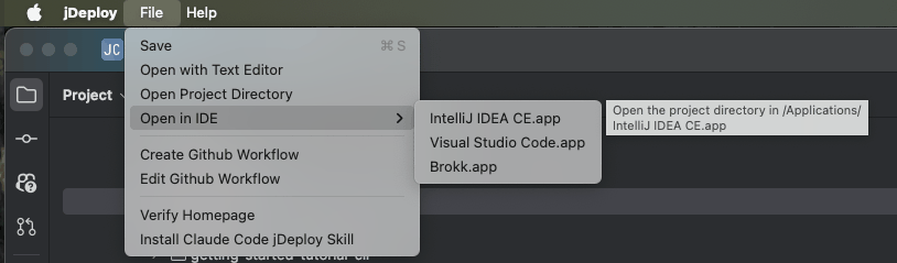 Screenshot: File menu showing "Open in IDE" option