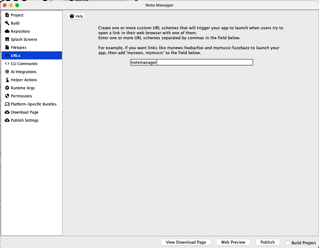 Screenshot: URLs tab with "notemanager" added as a URL scheme